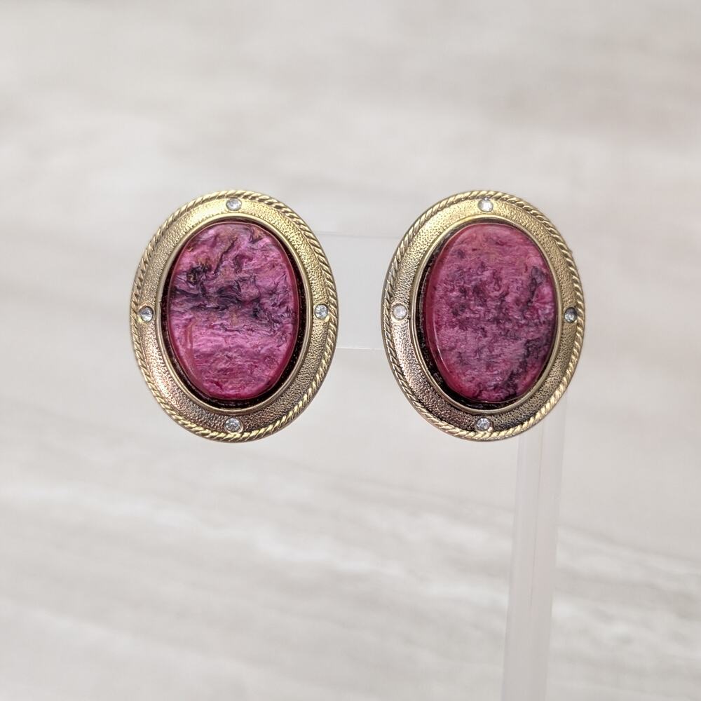 Vintage Clip On Earrings 1 & 3/8" Large Oval Red Center Gold Tone Clear Gems
